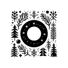 Obraz premium Festive Black & White Winter Wreath Illustration