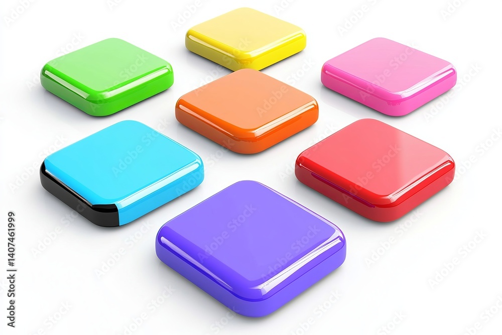 Poster seven colorful square shapes arranged in a circle on a white surface creating a vibrant display of c