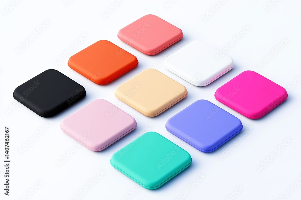 Poster arrangement of nine square shaped objects in various colors on a white surface creating a simple pat