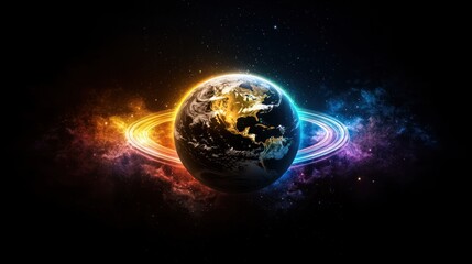 Obraz premium Earth in vibrant rings, cosmic background, glowing rings, digital art