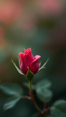 Dark Pink Rosebud with Dew Drops Close Up Soft Lighting