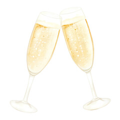 Two champagne glasses toasting with bubbly white liquid in celebration on a transparent background.