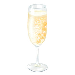 Watercolor illustration of a champagne flute with bubbles on transparent background.