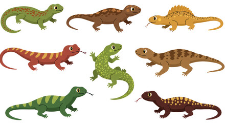 Naklejka premium Collection Of Colorful Pixel Art Lizards On Transparent Background