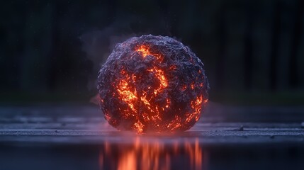 Glowing fiery sphere on wet pavement, mystical forest background