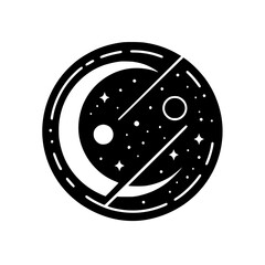 Celestial Circle Logo: Moon, Stars, and Space Elements, Black & White Vector