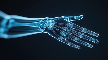Human forearm anatomy x-ray artery medical education concept. X-ray image of a human hand highlighting bone structure.
