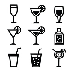 Minimal Cocktail and Drink Vector Icons Set.