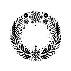 Elegant Black and White Winter Wreath Illustration, Decorative Border Design
