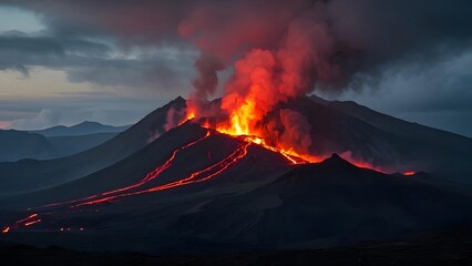 Fototapeta premium A volcanic eruption with molten lava flowing down a mountainside, dramatic red and orange hues, dark smoke filling the sky, wide shot capturing the raw power of nature.