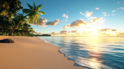 Fototapeta premium Shotlist travel, Mindful beach retreat, Serene Beach Retreat for Mindful Moments with Lush Palm Trees and Tranquil Ocean Waves