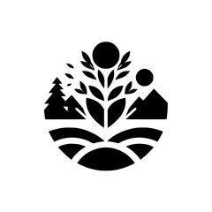 Minimalist Nature Icon: Tree, Mountains, Fields, Circle Design