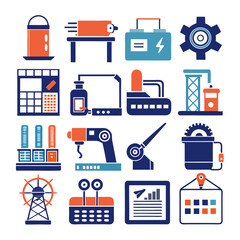 Industry and business factory machinery equipment technology vector icons