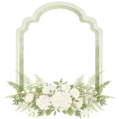 Watercolor wedding arch with white floral arrangement on transparent background.