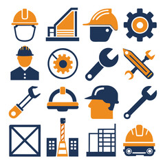 Construction and engineering icon set in orange and navy