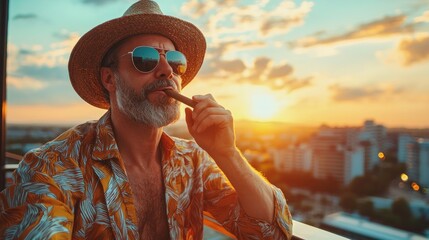 Relaxing Man Enjoying Cigar at Sunset Over Cityscape Rooftop