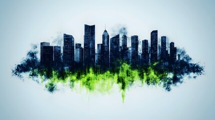 Abstract Urban Skyline Silhouette with Green Smoke Effect Over White Background