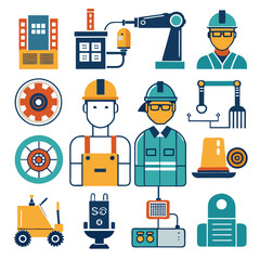 Factory workers icons set in modern flat design