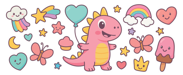 Cute Pink Dinosaur with Balloons and Colorful Cartoon Elements in Fun Vector Illustration