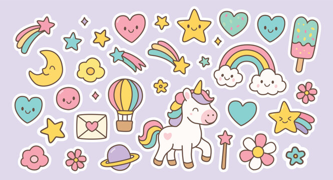 Cute Unicorn and Rainbow Stickers Set with Stars, Hearts, and Magical Elements for Kids Vector Illustration