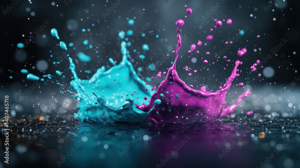 Sticker vibrant paint splashes collide on dark surface with bokeh background