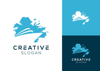 Yacht in water splash logo design for vacation, holiday and rental