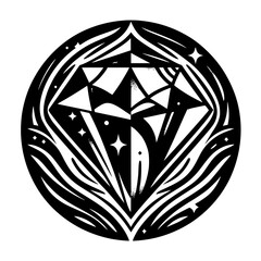 Abstract Diamond Icon in a Decorative Circle, Black and White