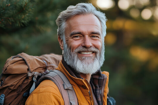 Happy older bearded man standing in nature park outdoors and laughing. Smiling active mature senior traveler looking at camera advertising camping tourism. Close up face front