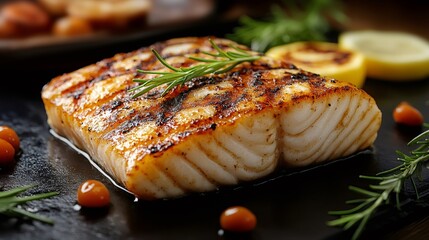 Delicious grilled white fish fillet with rosemary and lemon