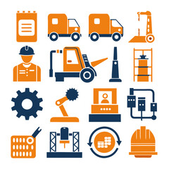 Industry and Manufacturing Vector Icons, Orange and Blue