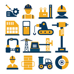 Construction Icon Set with People and Heavy Machinery