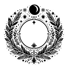 Celestial Wreath: Moon, Stars, and Leaves, Black and White, Vector Illustration