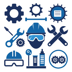 Blue Engineering and Construction Icon Set Design Vector
