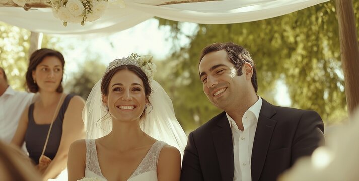 Bride and groom are smiling during their wedding ceremony, sitting under the chuppa canopy, surrounded by family and friends, sharing a moment of joy and love