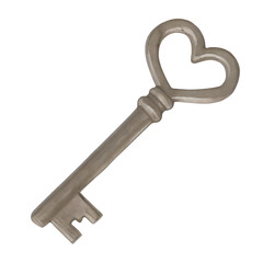 Watercolor illustration of a heart-shaped key on transparent background.