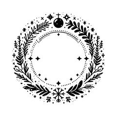 Black & White Winter Wreath: Festive Illustration, Decorative Circular Frame