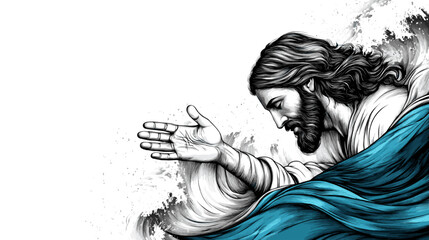 Detailed vector of Jesus calming the storm with outstretched hands, dramatic linework in monochrome style, white background