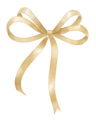 Watercolor illustration of a gold ribbon bow on transparent background.