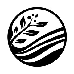 Monochromatic Nature Logo: Branch, Leaves, and Waves in a Circle