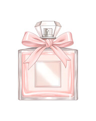 Watercolor illustration of perfume bottle with pink ribbon on transparent background.