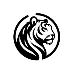 Black and White Tiger Head Logo, Circle Frame, Minimalist Design