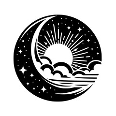Black & White Celestial Illustration: Moon, Sun, Stars & Clouds