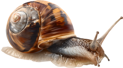Snail illustrated with spiral shell detail on a transparent background --ar 16:9 --v 7.0