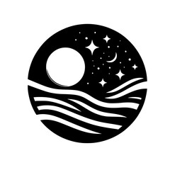 Serene Night Sky and Sea in a Circle, Vector Illustration