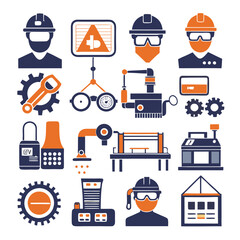Industrial Manufacturing Workers and Production Equipment Icons Set