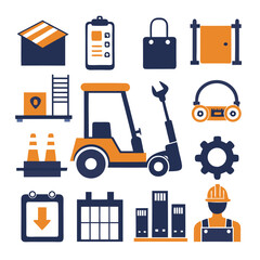 Industry and logistics icons, forklift, cargo, and worker