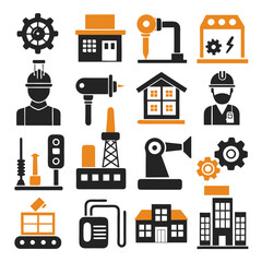 Industry and Manufacturing Icons Set in Black and Orange
