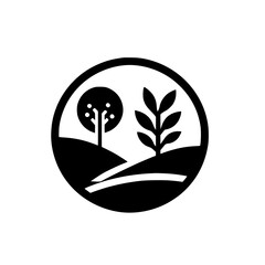 Minimalist Eco-Friendly Landscape Logo: Tree, Plant, and Hills in Circle