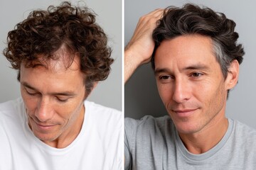 Fototapeta premium A dual image capturing a man with curly hair and another with styled hair, reflecting modern hairstyles, emotions, and individual personalities in a contemporary setting.