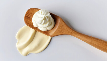 Creamy mayonnaise on wooden spoon, deliciously inviting